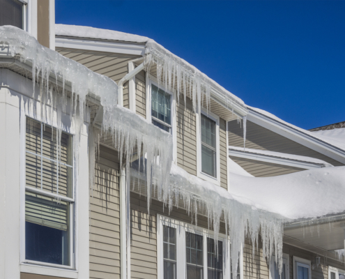 Example of ice dam build up on a home